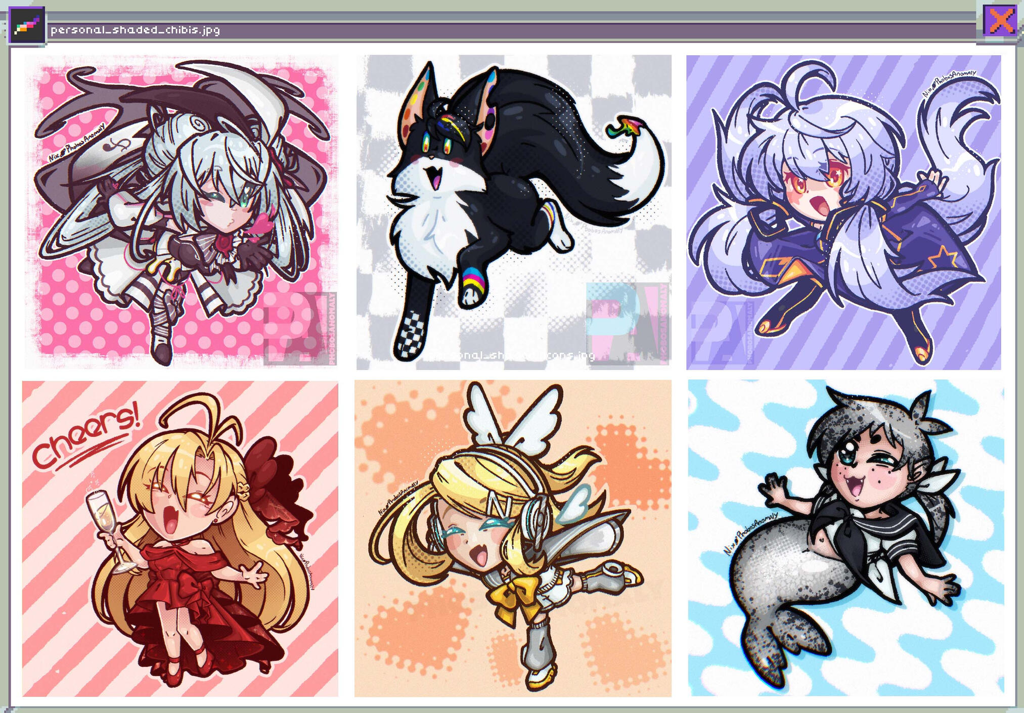 (Personal Work) Shaded Chibi Icons of various vocal synth characters and 2 original characters (black fox & seal girl)
