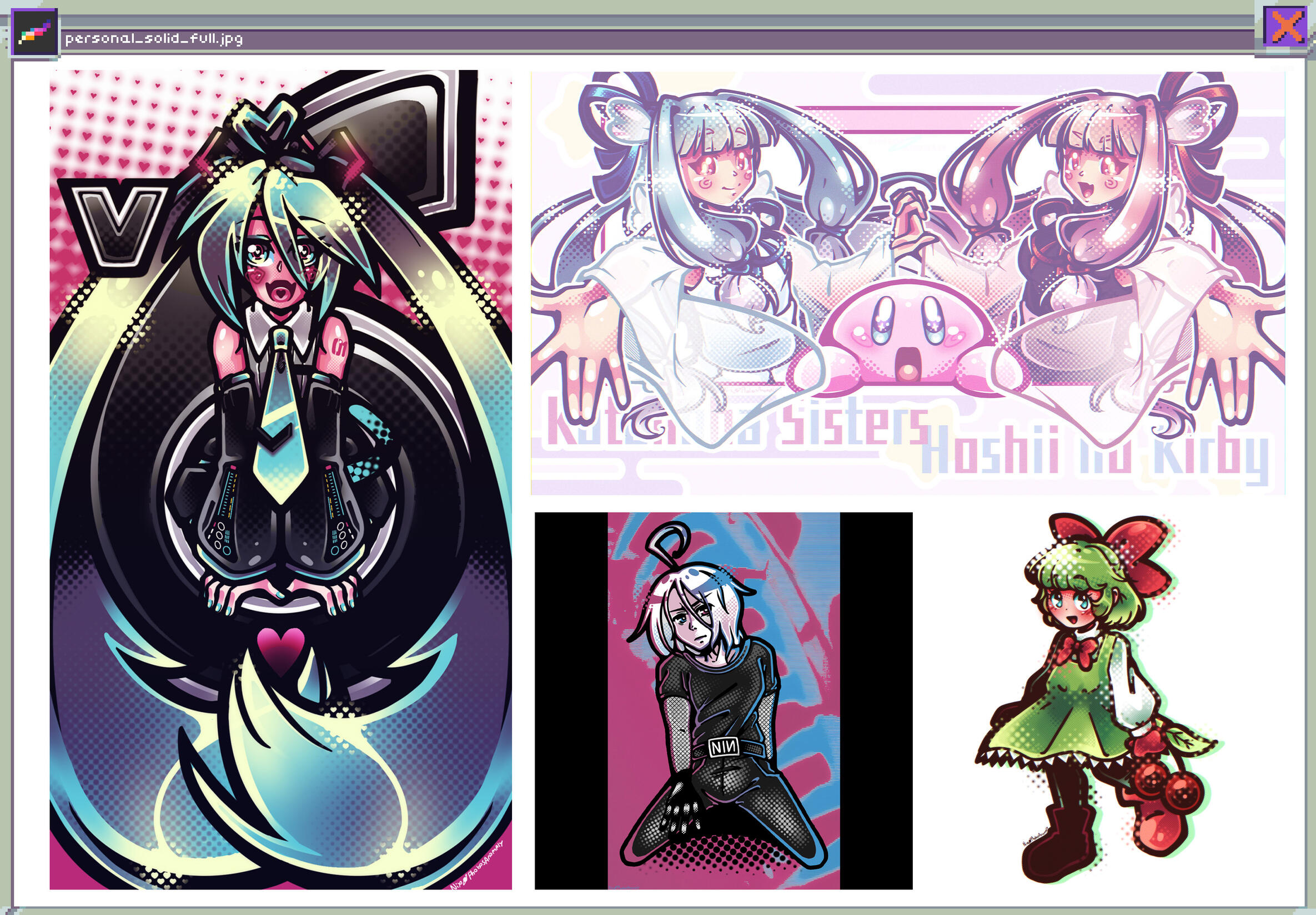 (Personal Work) A set of 5 SOLID style illustrations, including Hatsune Miku V6, Kotonoha Akane & Aoi with Kirby, Utatane Piko in a Nine Inch Nails inspired outfit, and a gijinka of Miru from Pac &Pal
