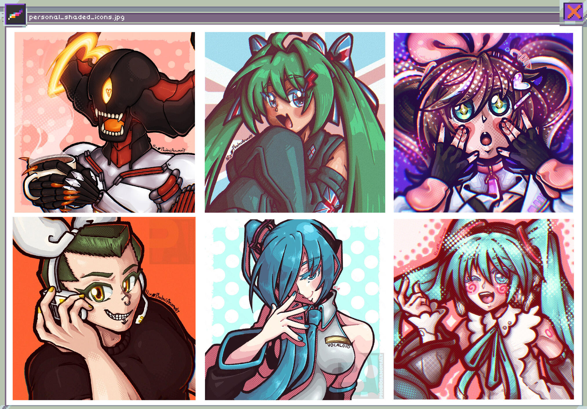 (Personal Work) 6 Shaded illustrations - the 2 on the left feature original characters by myself, including a cyborg/demon and a male human. The other icons showcase various female vocal synth characters.