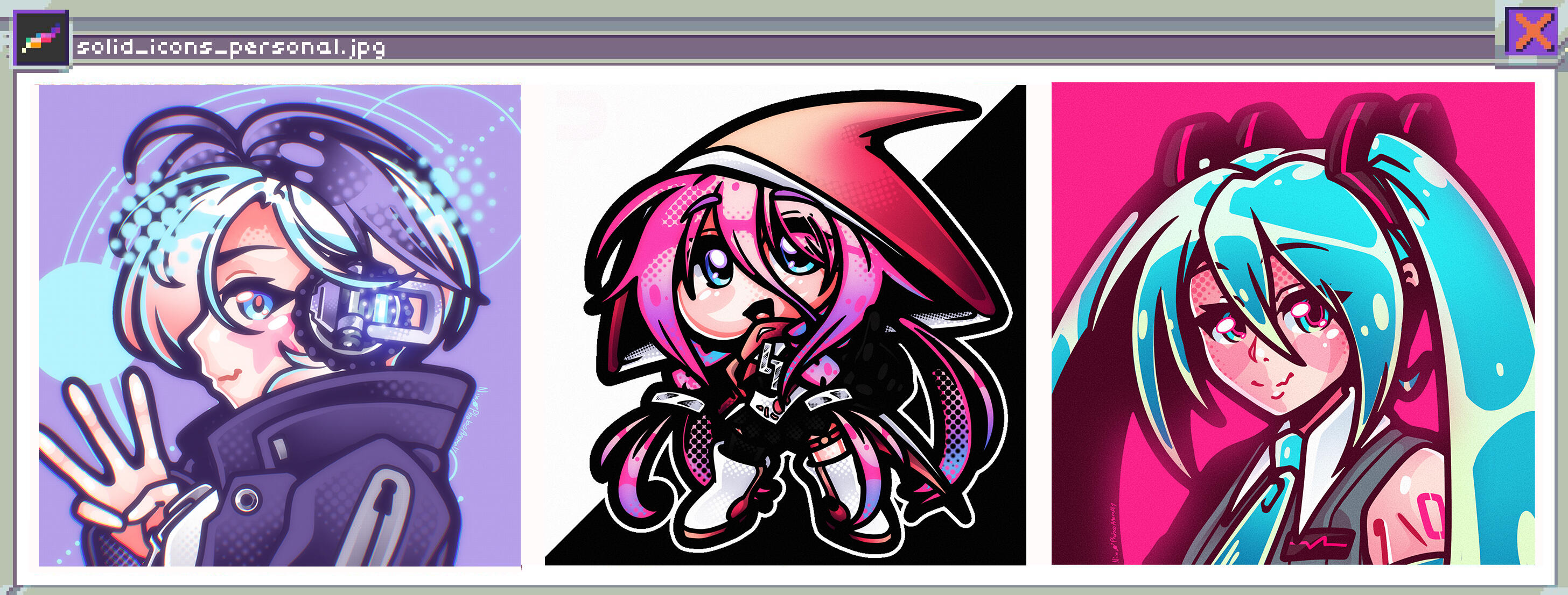 (Personal Work) A set 3 SOLID style icons, including CeVIO Ciflower, a chibi VOCALOID IA in her DAW costume, and Hatsune Miku V6